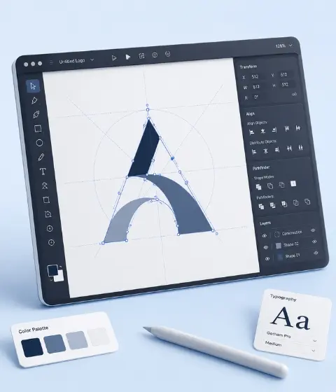 Designer desenvolvendo uma logomarca vetorial em software de design gráfico