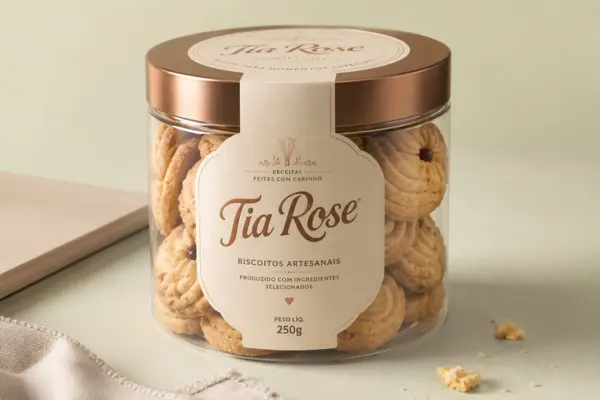 Rótulo de produto aplicado em embalagem com identidade visual da marca